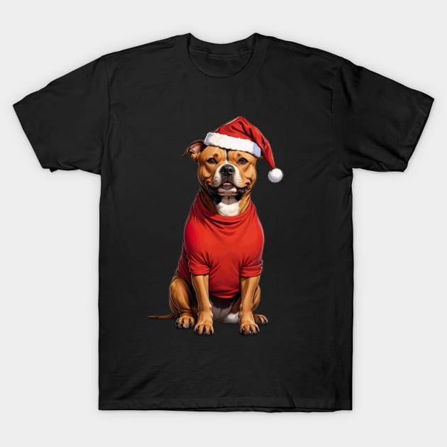 Funny Staffordshire Bull Terrier Wearing Santa Father Christmas Hat T-Shirt by Maljonic